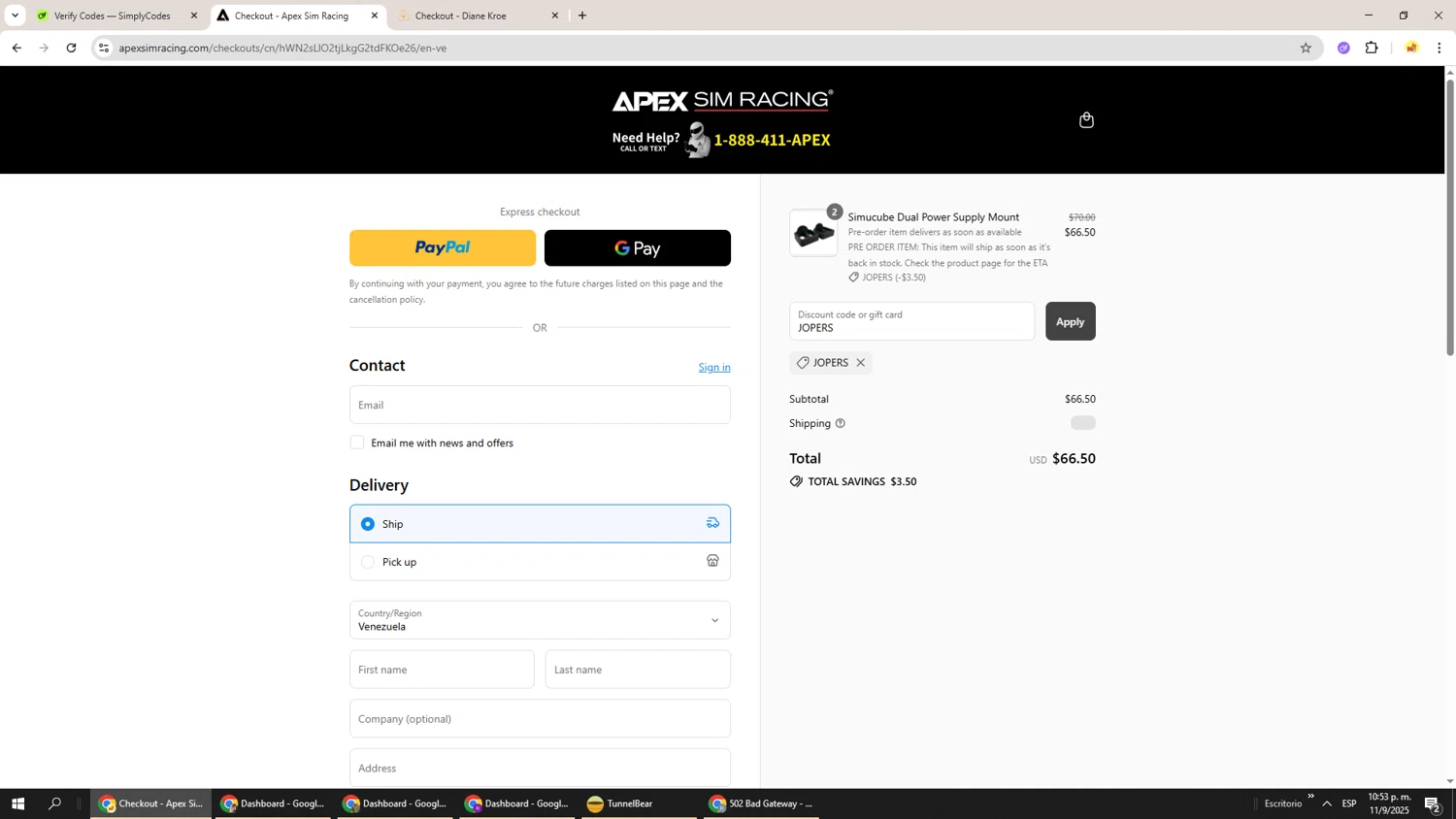 Apex Sim Racing discount code screenshot showing code JOPERS applied at Apex Sim Racing checkout page. Uploaded by SimplyCodes community member Richard251 on Sep 12, 2025