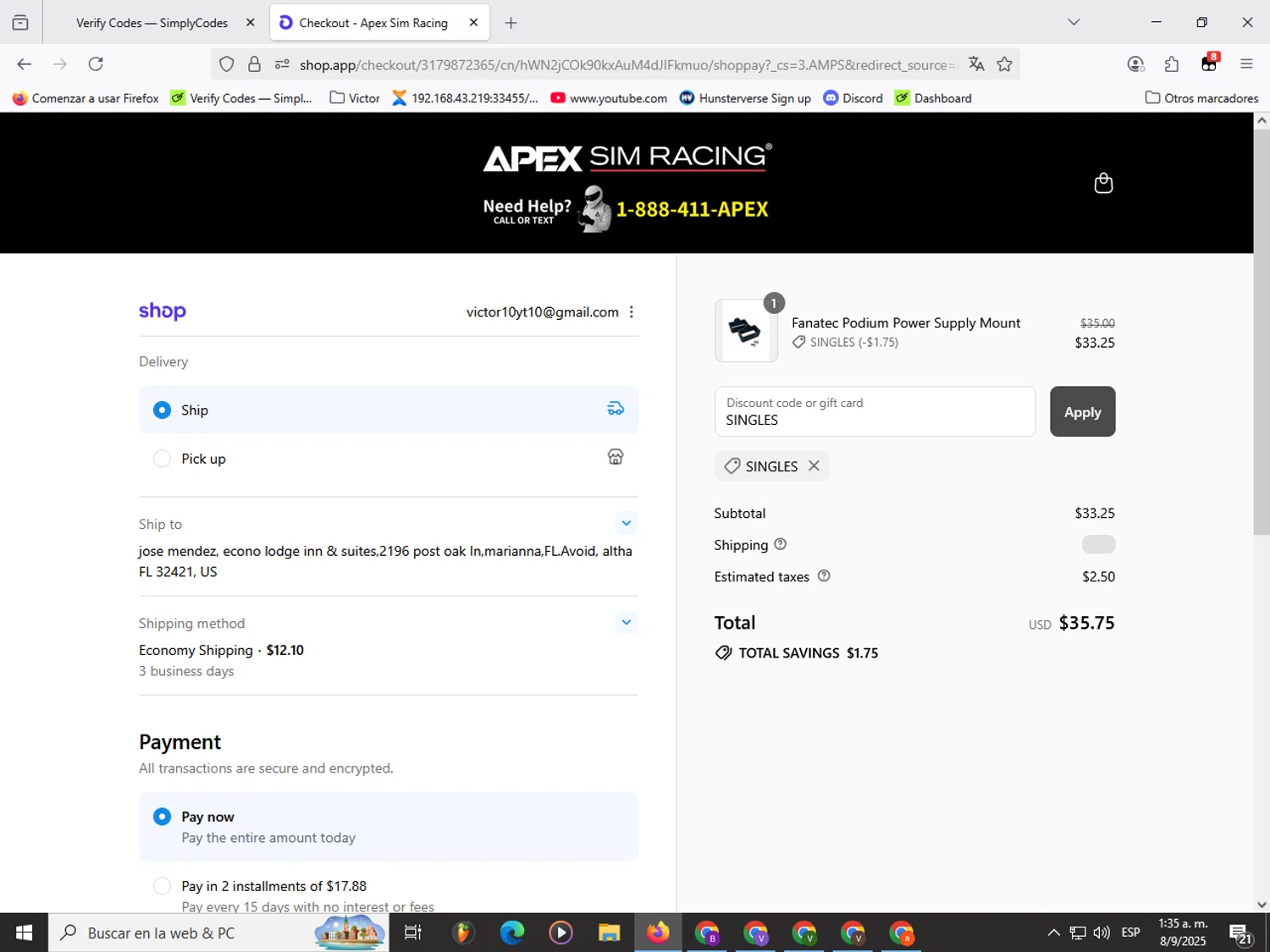 Apex Sim Racing discount code screenshot showing code SINGLES applied at Apex Sim Racing checkout page. Uploaded by SimplyCodes community member Garou_Y2K on Sep 8, 2025