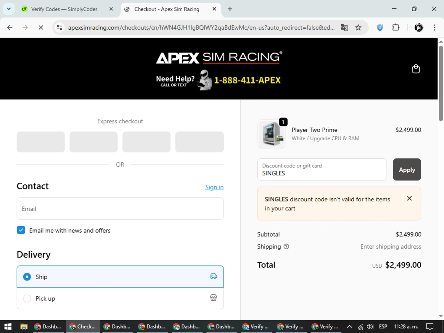 Apex Sim Racing discount code screenshot showing code SINGLES applied at Apex Sim Racing checkout page. Uploaded by SimplyCodes community member SavvyChaser6563 on Oct 18, 2025