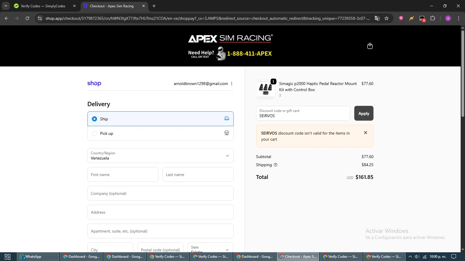Apex Sim Racing discount code screenshot showing code SEIRVOS applied at Apex Sim Racing checkout page. Uploaded by SimplyCodes community member CouponScout5403 on Oct 3, 2025