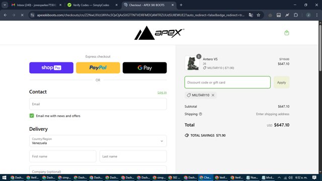 Apex Ski Boots checkout page showing Apex Ski Boots discount code box | Screenshot taken by SimplyCodes community member on Apr 10, 2025