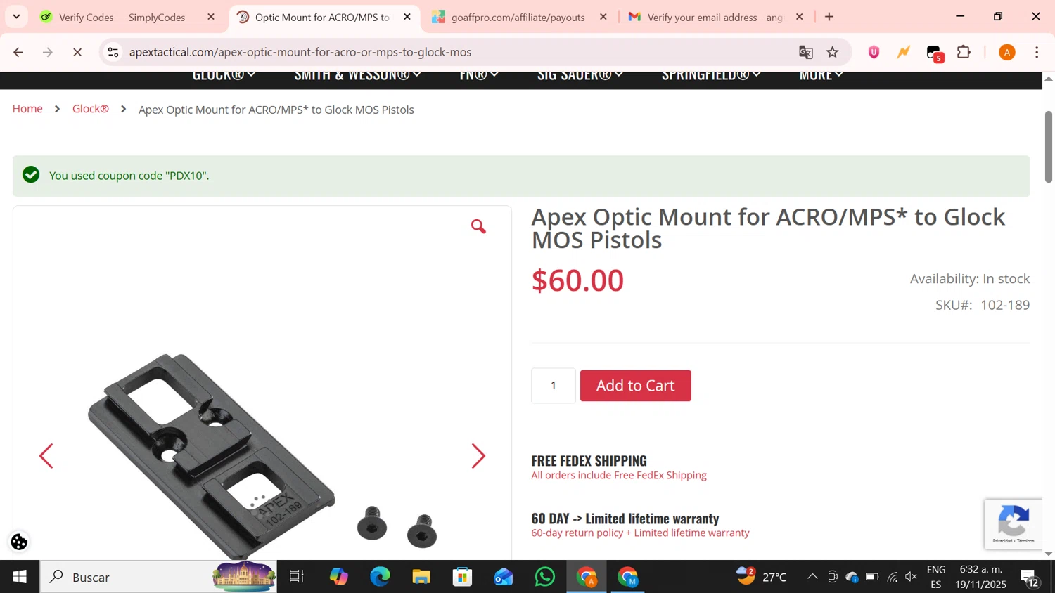 Apex Tactical discount code screenshot showing code PDX10 applied at Apex Tactical checkout page. Uploaded by SimplyCodes community member BrilliantPro4121 on Nov 19, 2025