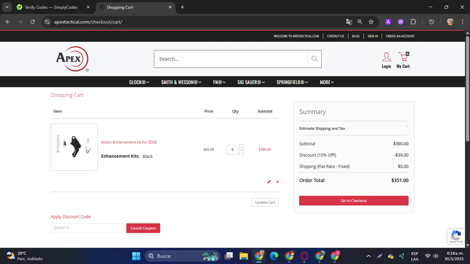 Apex Tactical discount code screenshot showing code JEREMY10 applied at Apex Tactical checkout page. Uploaded by SimplyCodes community member SwiftPilot741 on May 30, 2025