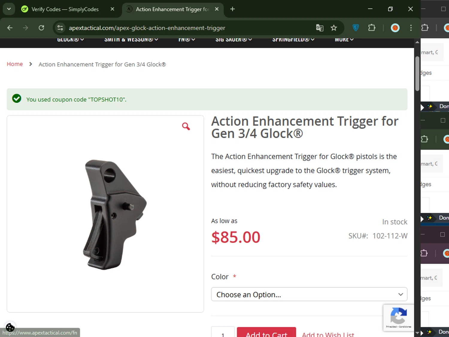 Apex Tactical discount code screenshot showing code TOPSHOT10 applied at Apex Tactical checkout page. Uploaded by SimplyCodes community member CashMaverick8128 on Oct 4, 2025