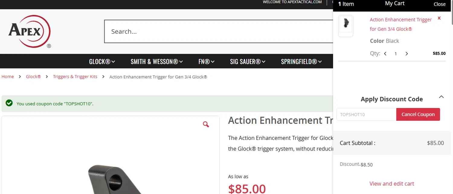 Apex Tactical discount code screenshot showing code TOPSHOT10 applied at Apex Tactical checkout page. Uploaded by SimplyCodes community member shark12 on Sep 5, 2025