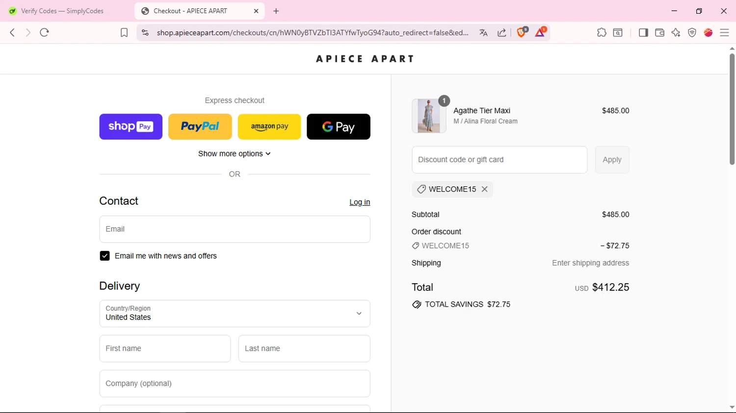 Apiece Apart discount code screenshot showing code WELCOME15 applied at Apiece Apart checkout page. Uploaded by SimplyCodes community member ValueFox5508 on Jul 23, 2025