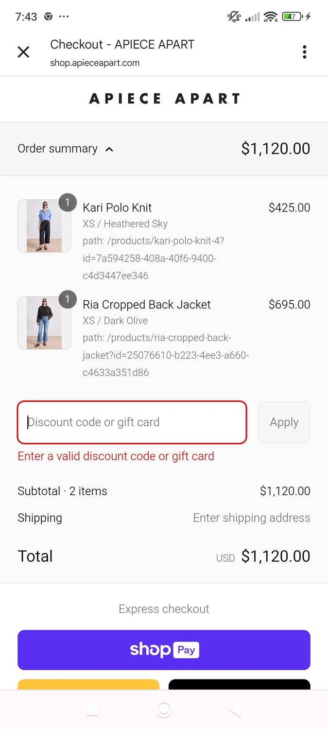 Apiece Apart discount code screenshot showing code EXTRA25 applied at Apiece Apart checkout page. Uploaded by SimplyCodes community member ShieldWhiz4659 on Aug 23, 2025