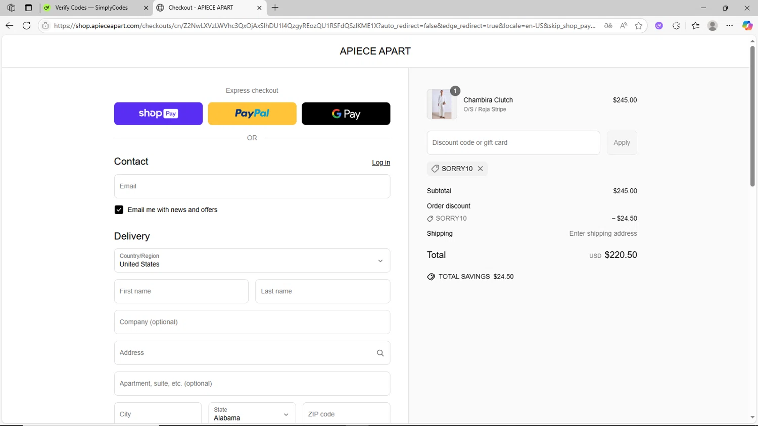 Apiece Apart discount code screenshot showing code SORRY10 applied at Apiece Apart checkout page. Uploaded by SimplyCodes community member CrownShopper2899 on Jun 10, 2025