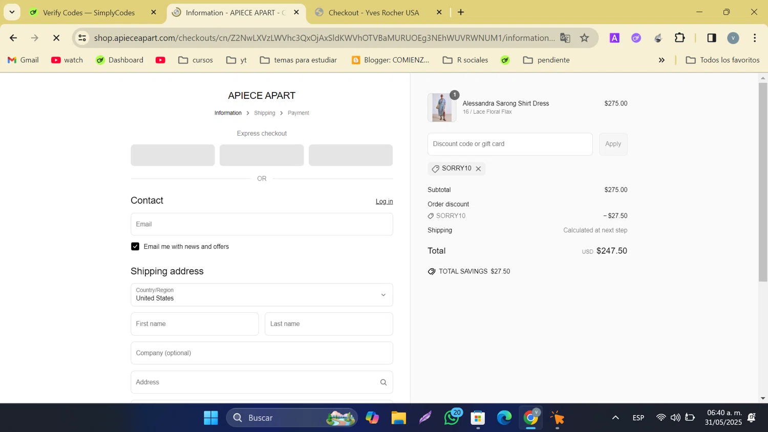 Apiece Apart discount code screenshot showing code SORRY10 applied at Apiece Apart checkout page. Uploaded by SimplyCodes community member tonikros on May 31, 2025
