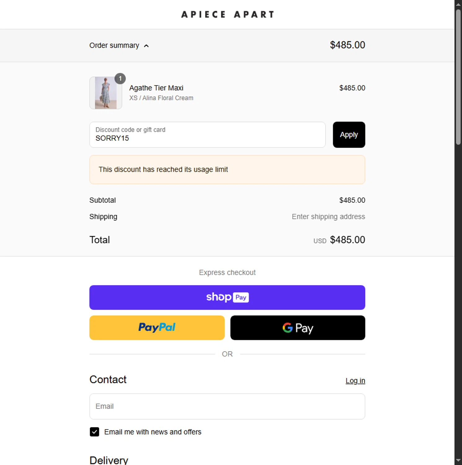Apiece Apart discount code screenshot showing code SORRY15 applied at Apiece Apart checkout page. Uploaded by SimplyCodes community member BeaMartinez on Jul 15, 2025