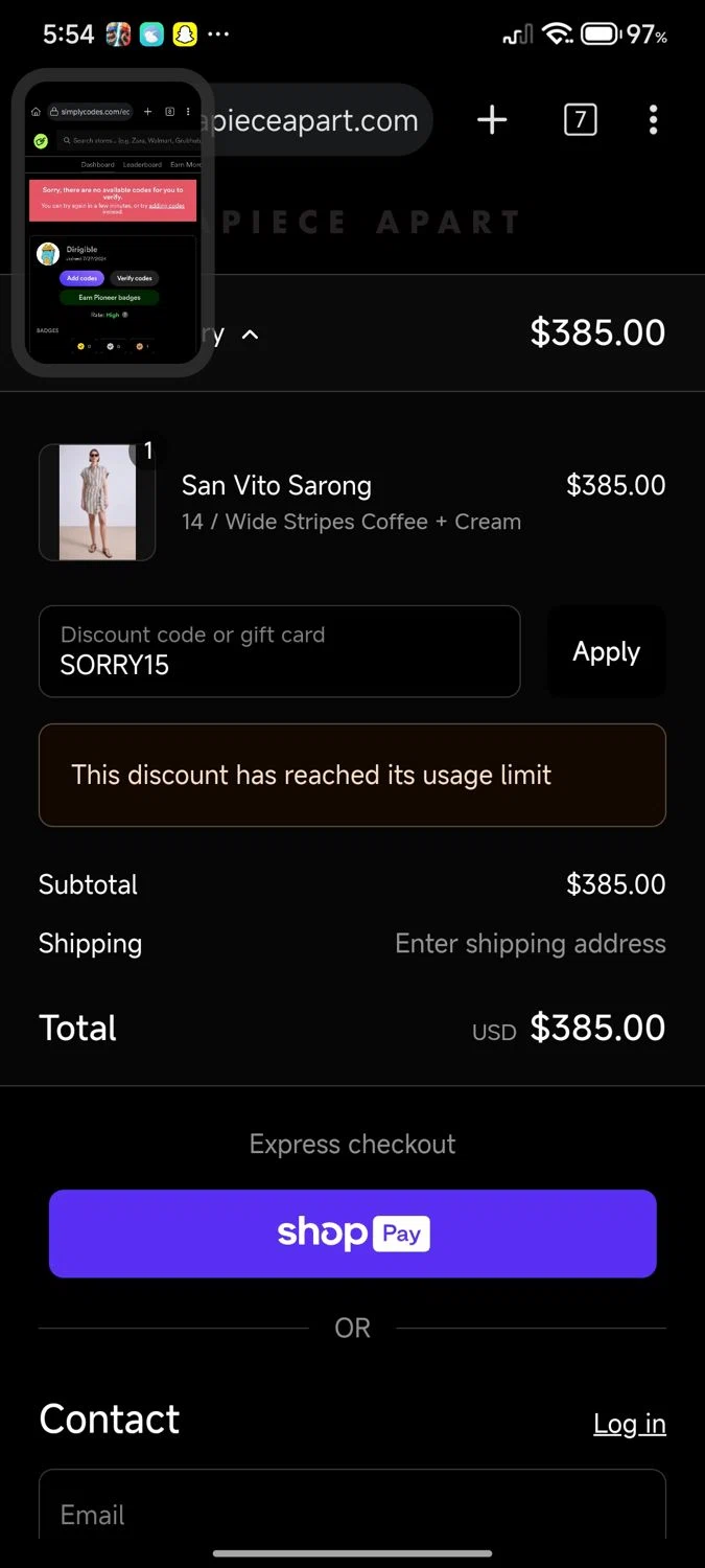 Apiece Apart discount code screenshot showing code SORRY15 applied at Apiece Apart checkout page. Uploaded by SimplyCodes community member cuenta03 on Jul 15, 2025