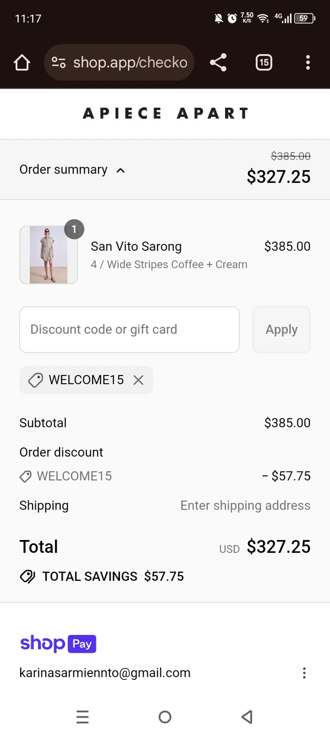 Apiece Apart discount code screenshot showing code WELCOME15 applied at Apiece Apart checkout page. Uploaded by SimplyCodes community member Olivatle on Jul 17, 2025
