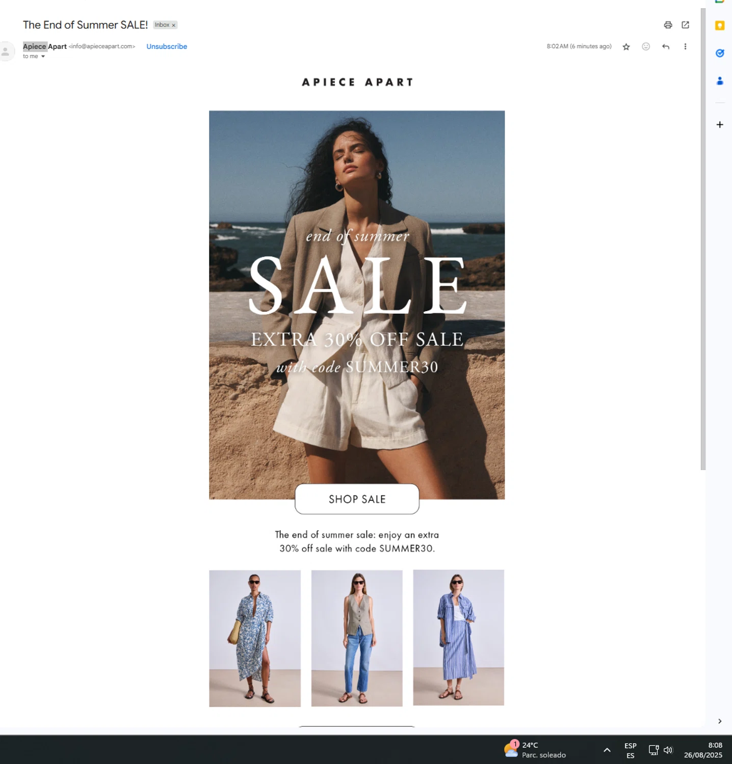 Apiece Apart discount code screenshot showing code SUMMER30 applied at Apiece Apart checkout page. Uploaded by SimplyCodes community member UnkNownVnzla on Aug 26, 2025