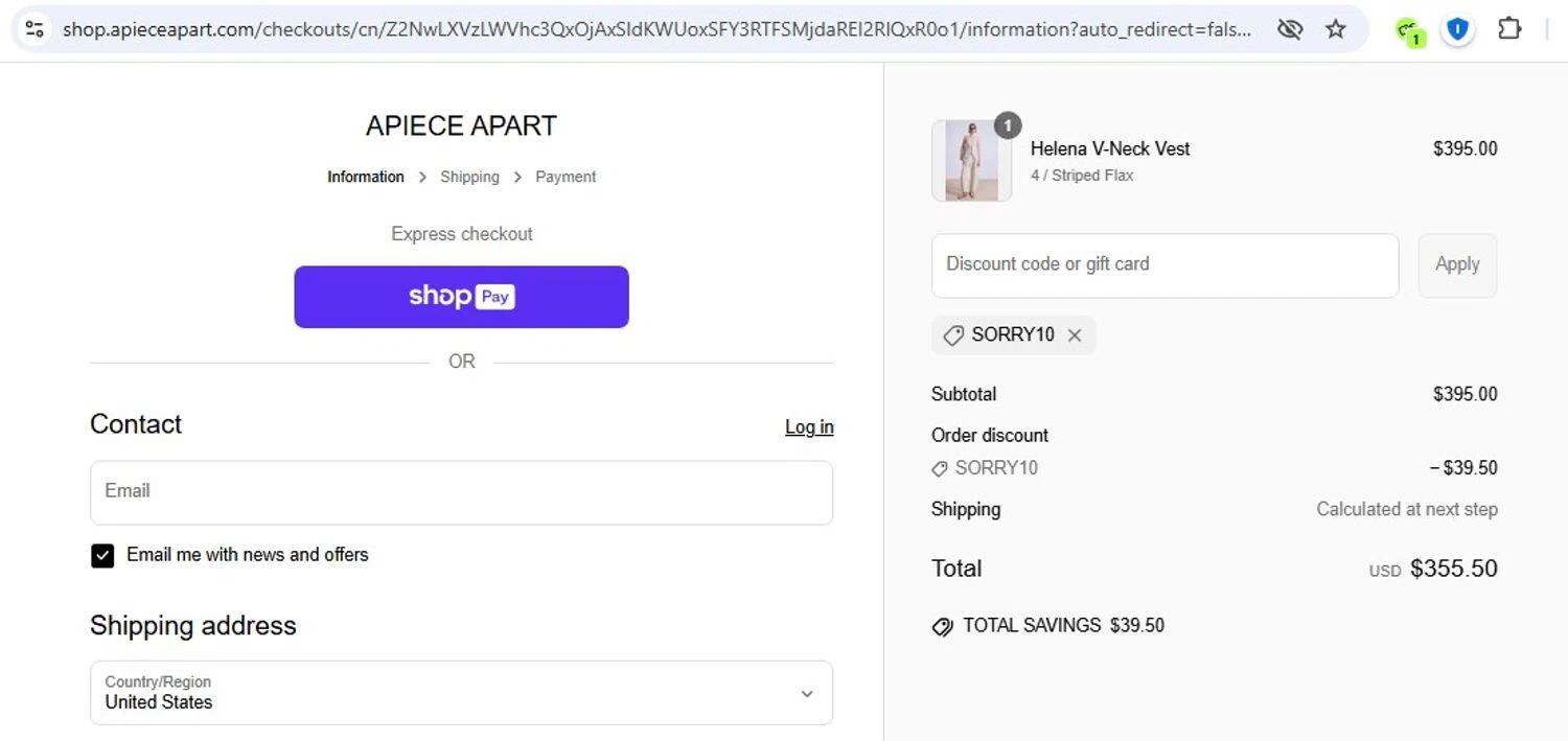 Apiece Apart discount code screenshot showing code SORRY10 applied at Apiece Apart checkout page. Uploaded by SimplyCodes community member frankrivero on May 31, 2025