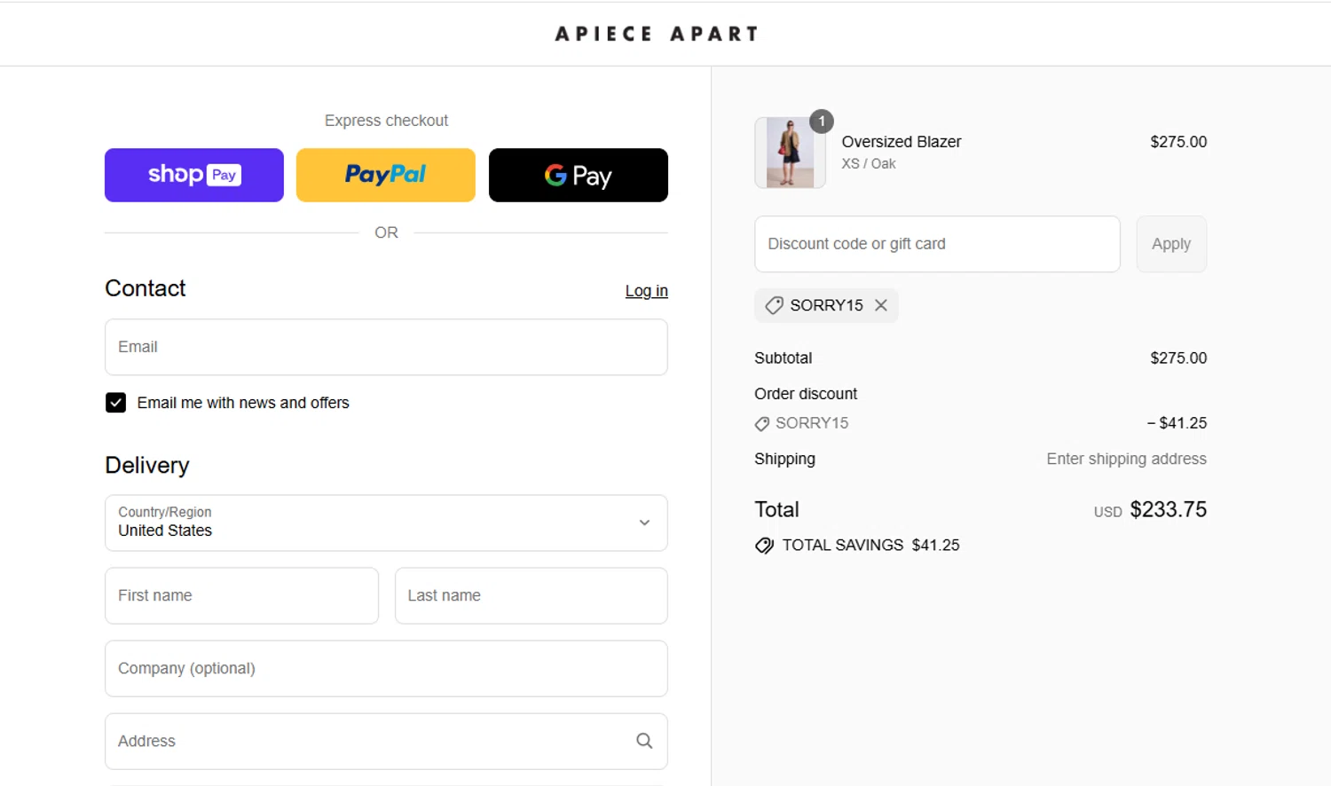 Apiece Apart discount code screenshot showing code SORRY15 applied at Apiece Apart checkout page. Uploaded by SimplyCodes community member ylenisjordan on Jul 26, 2025