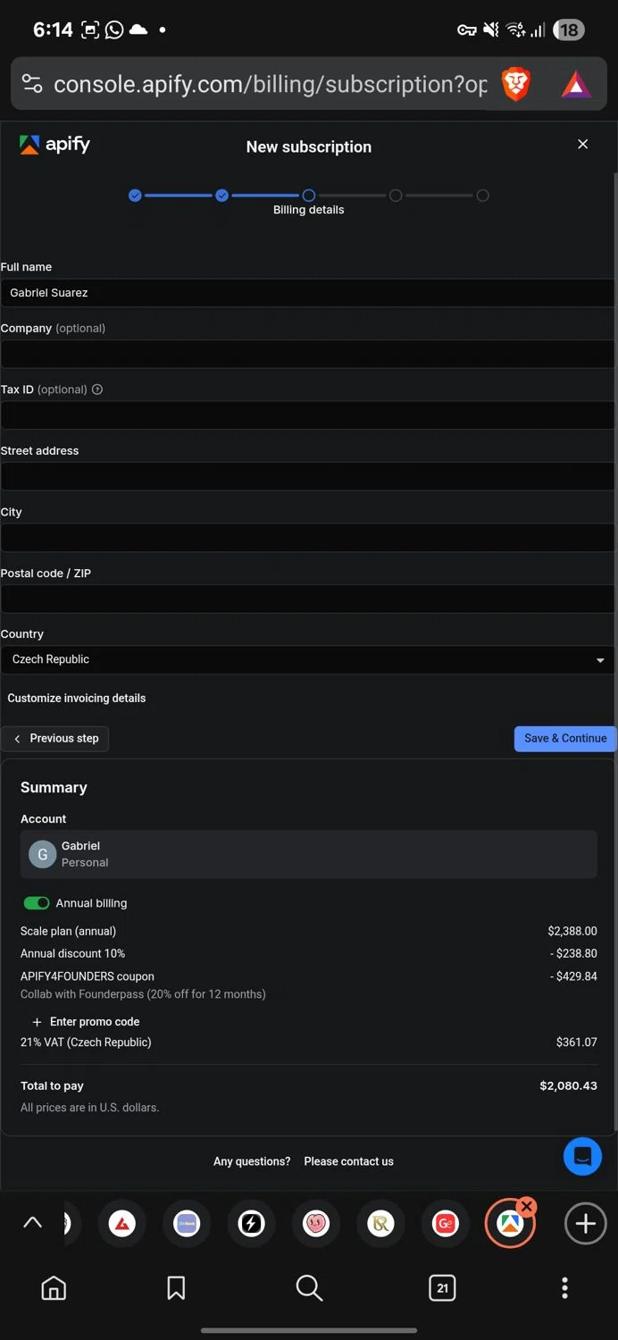Apify checkout page showing Apify promo code box | Screenshot taken by SimplyCodes community member on Aug 23, 2025