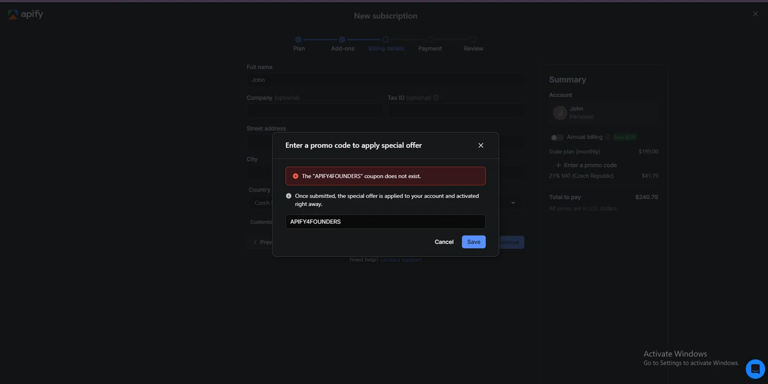 Apify promo code screenshot showing code APIFY4FOUNDERS applied at Apify checkout page. Uploaded by SimplyCodes community member suppahdealz on Nov 30, 2025