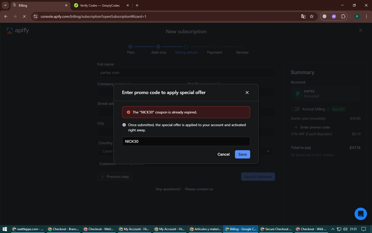Apify promo code screenshot showing code NICK30 applied at Apify checkout page. Uploaded by SimplyCodes community member LegendaryWarden2503 on Aug 19, 2025