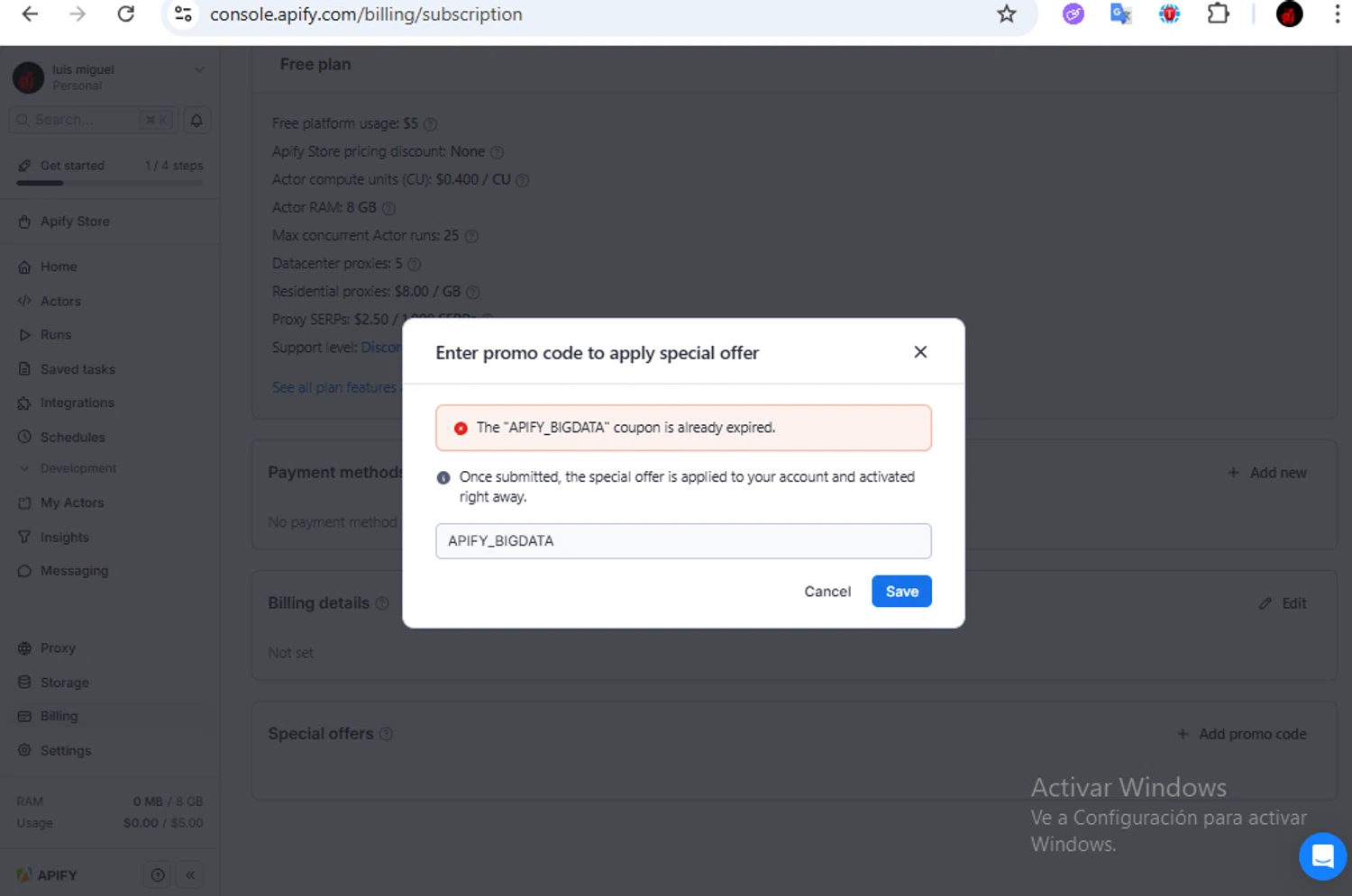 Apify promo code screenshot showing code APIFY_BIGDATA applied at Apify checkout page. Uploaded by SimplyCodes community member Francisco01 on Jul 19, 2025