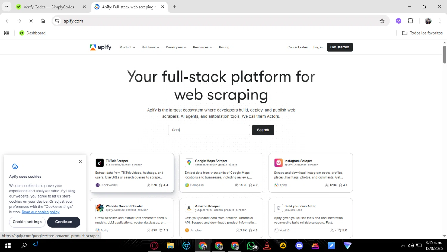 Apify promo code screenshot showing code APIFY_BIGDATA applied at Apify checkout page. Uploaded by SimplyCodes community member LuckyAce8014 on Aug 12, 2025