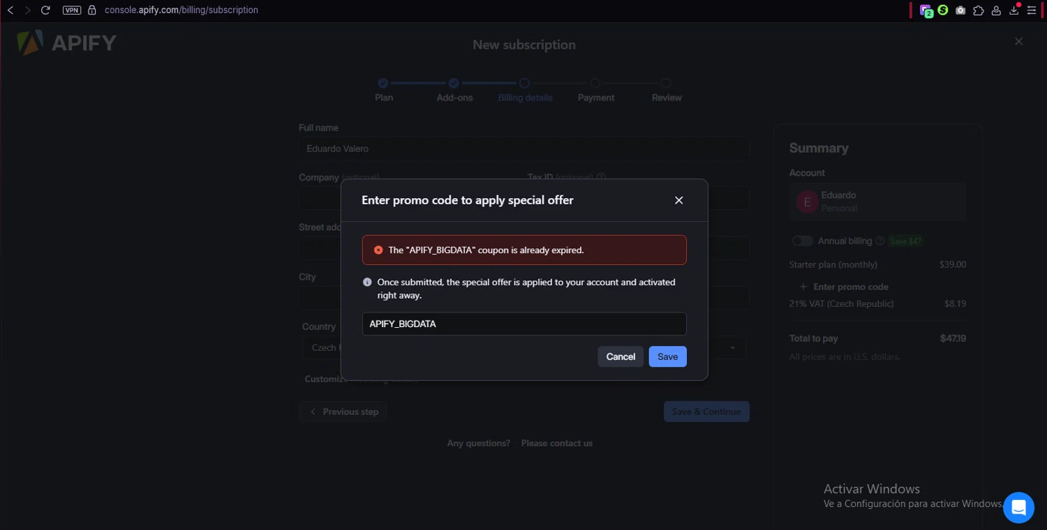 Apify promo code screenshot showing code APIFY_BIGDATA applied at Apify checkout page. Uploaded by SimplyCodes community member Serdanvz on Jul 19, 2025