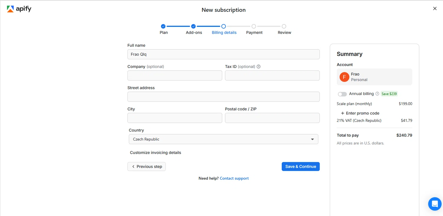 Apify checkout page showing Apify promo code box | Screenshot taken by SimplyCodes community member on Oct 18, 2025