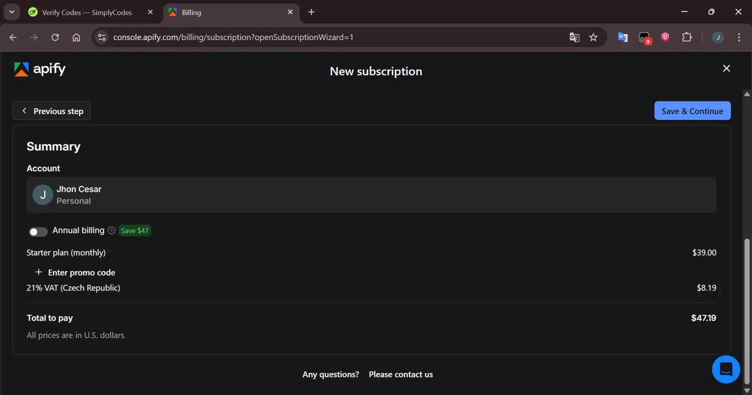 Apify checkout page showing Apify promo code box | Screenshot taken by SimplyCodes community member on Sep 16, 2025