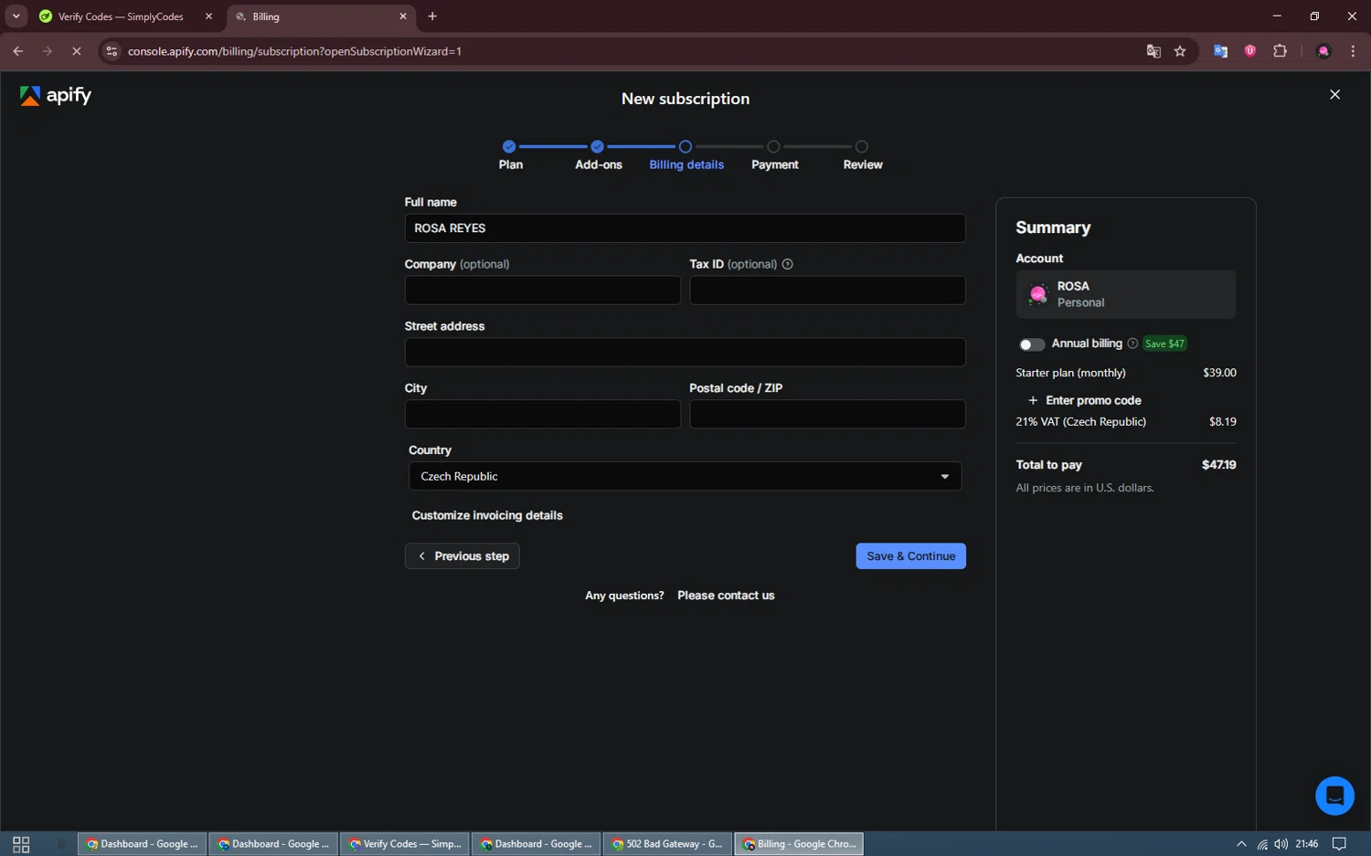 Apify checkout page showing Apify promo code box | Screenshot taken by SimplyCodes community member on Oct 7, 2025