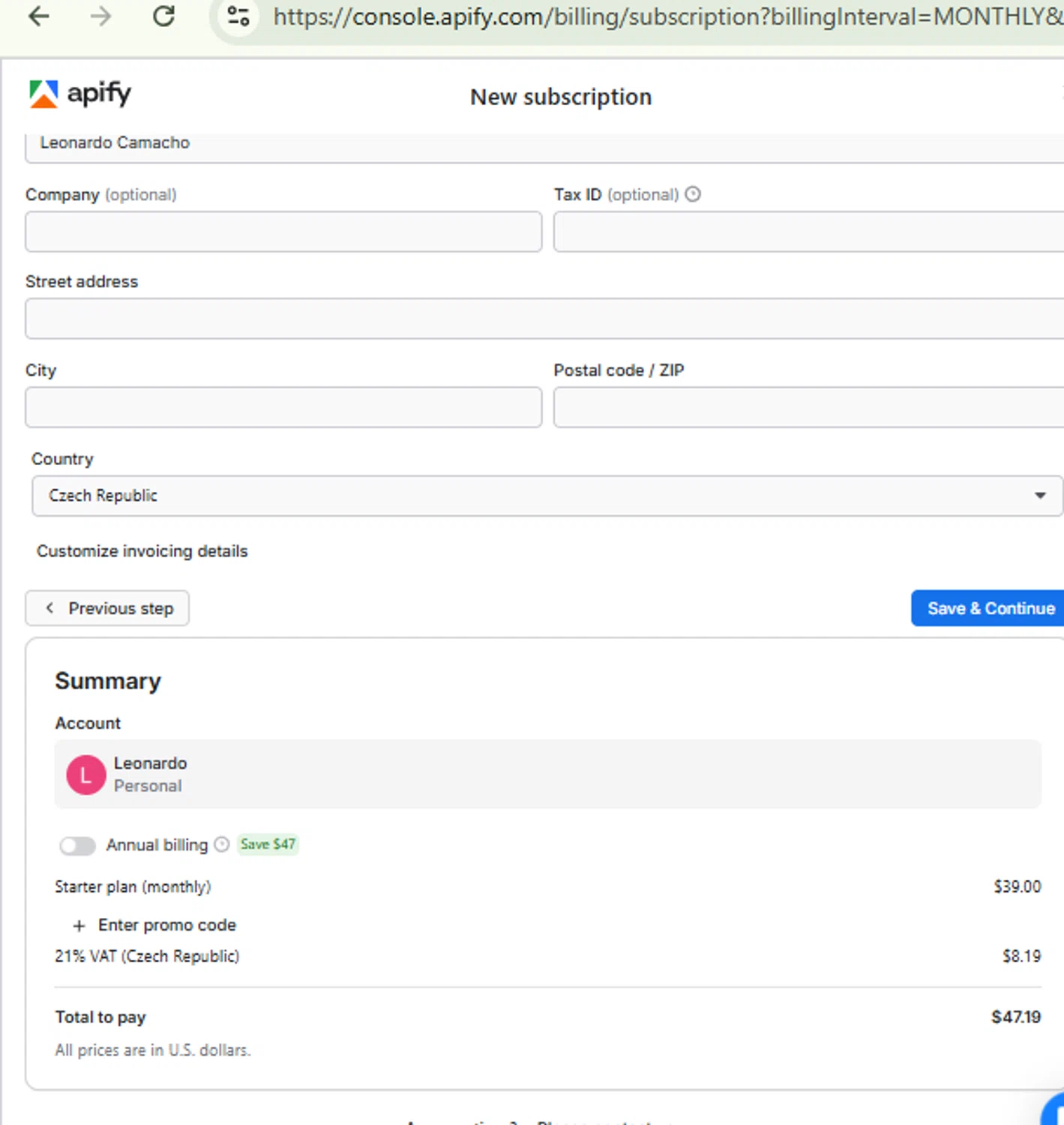 Apify checkout page showing Apify promo code box | Screenshot taken by SimplyCodes community member on Sep 27, 2025