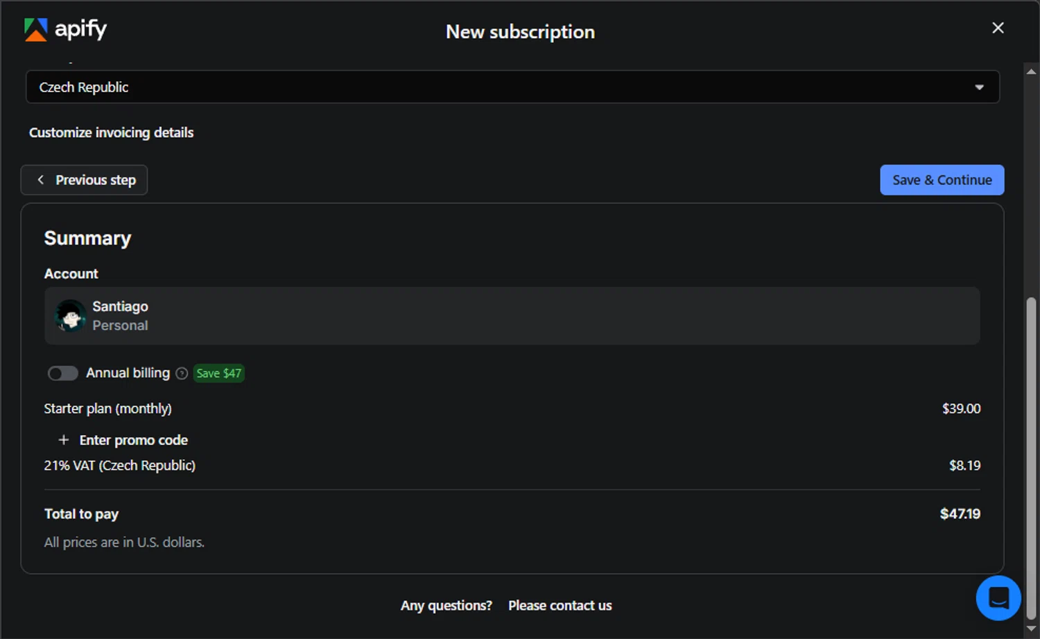 Apify checkout page showing Apify promo code box | Screenshot taken by SimplyCodes community member on Sep 8, 2025