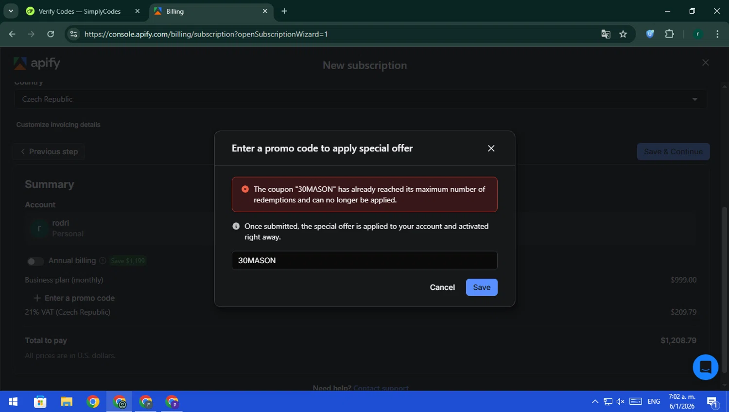 Apify promo code screenshot showing code 30MASON applied at Apify checkout page. Uploaded by SimplyCodes community member rodri1 on Jan 6, 2026