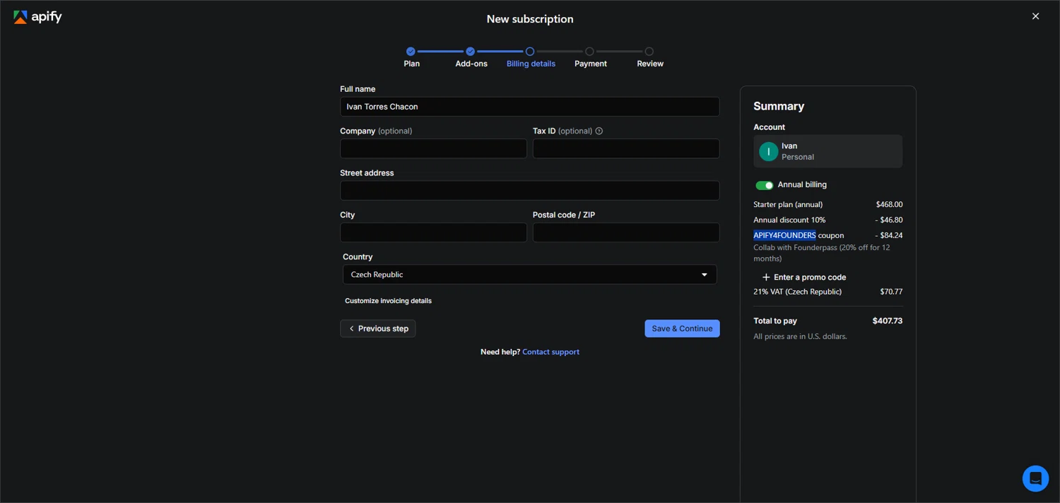 Apify promo code screenshot showing code APIFY4FOUNDERS applied at Apify checkout page. Uploaded by SimplyCodes community member ivantorres on Nov 30, 2025