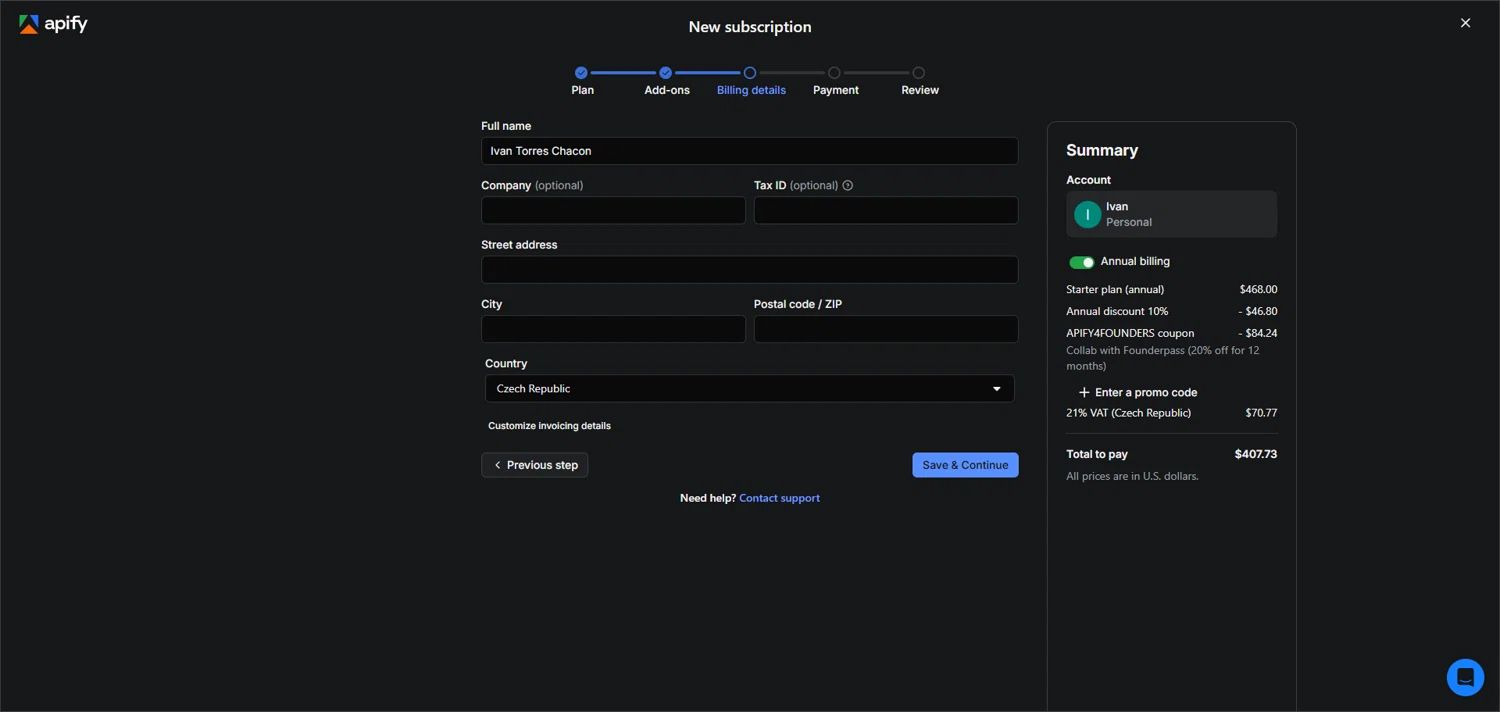 Apify promo code screenshot showing code APIFY4FOUNDERS applied at Apify checkout page. Uploaded by SimplyCodes community member ivantorres on Nov 30, 2025