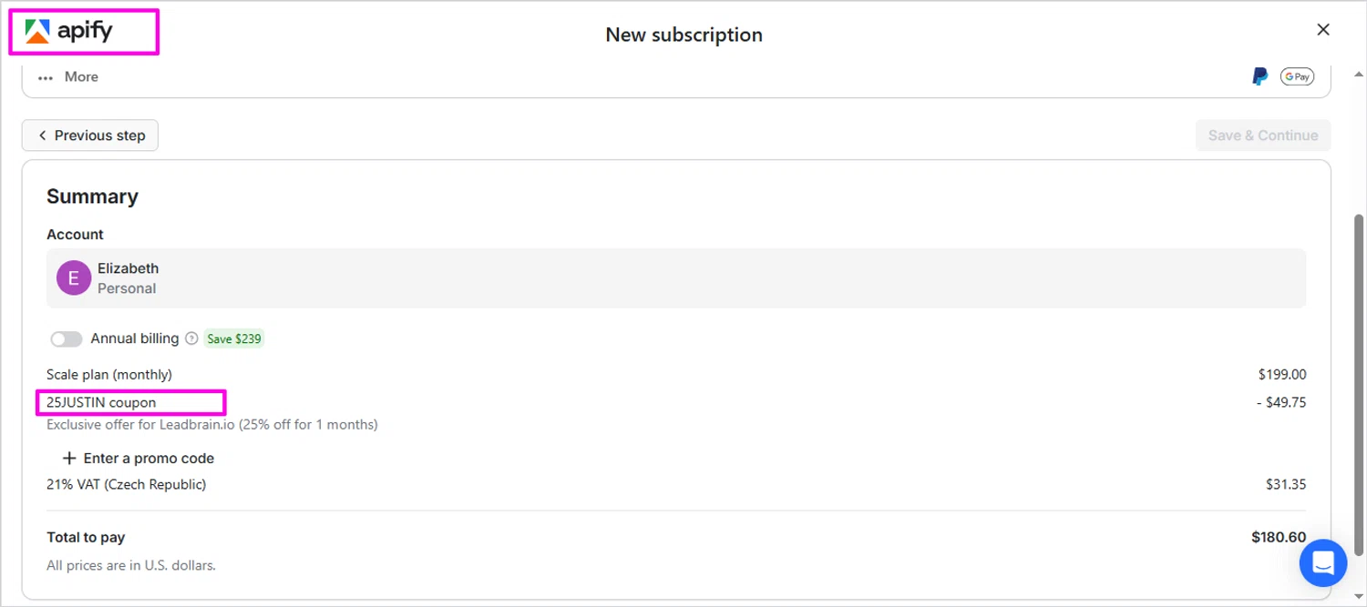 Apify promo code screenshot showing code 25JUSTIN applied at Apify checkout page. Uploaded by SimplyCodes community member mrdarcy on Jan 21, 2026
