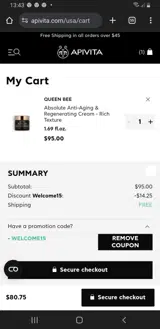 APIVITA coupon verification screenshot