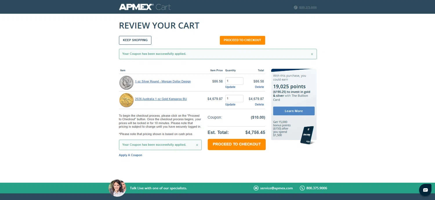 APMEX promo code screenshot showing code FIRST10 applied at APMEX checkout page. Uploaded by SimplyCodes community member pradenest_e8ec on Dec 28, 2025
