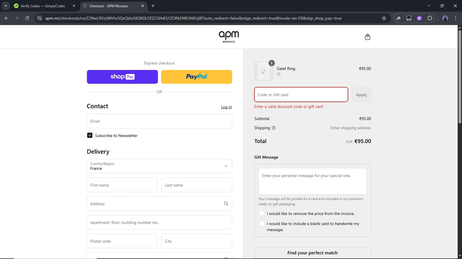 APM Monaco discount code screenshot showing code LUMIERE applied at APM Monaco checkout page. Uploaded by SimplyCodes community member Time_sin_filtro on Jun 26, 2025