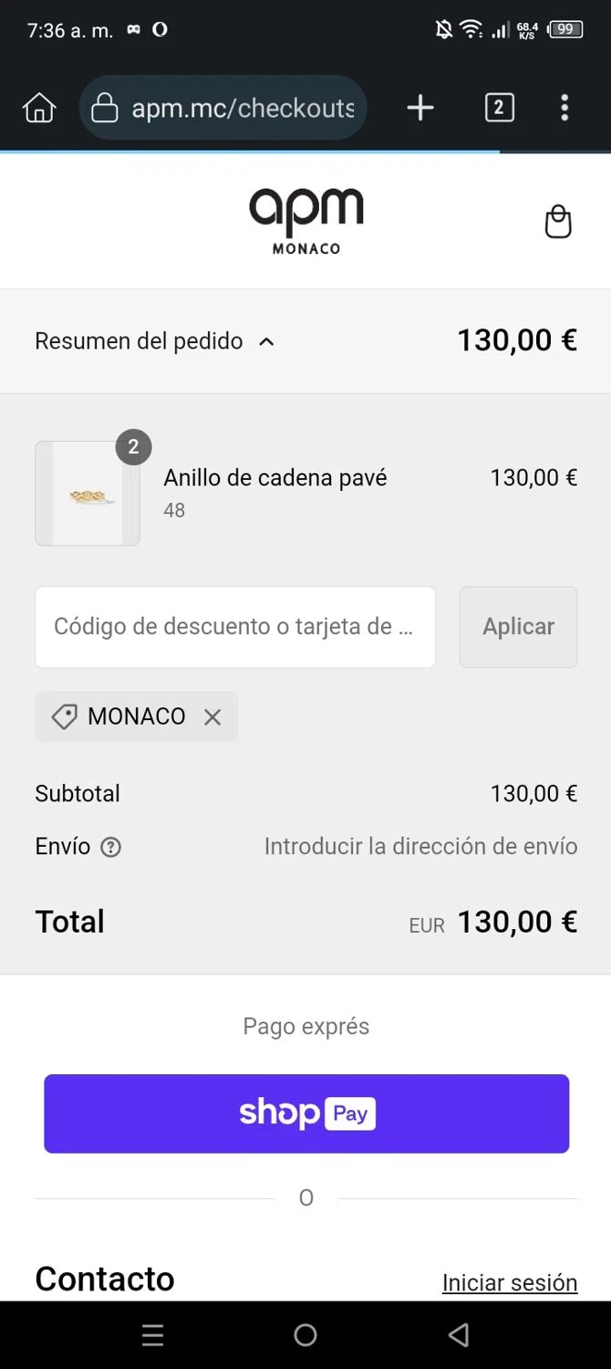 APM Monaco discount code screenshot showing code MONACO applied at APM Monaco checkout page. Uploaded by SimplyCodes community member Ari240322 on Feb 21, 2025