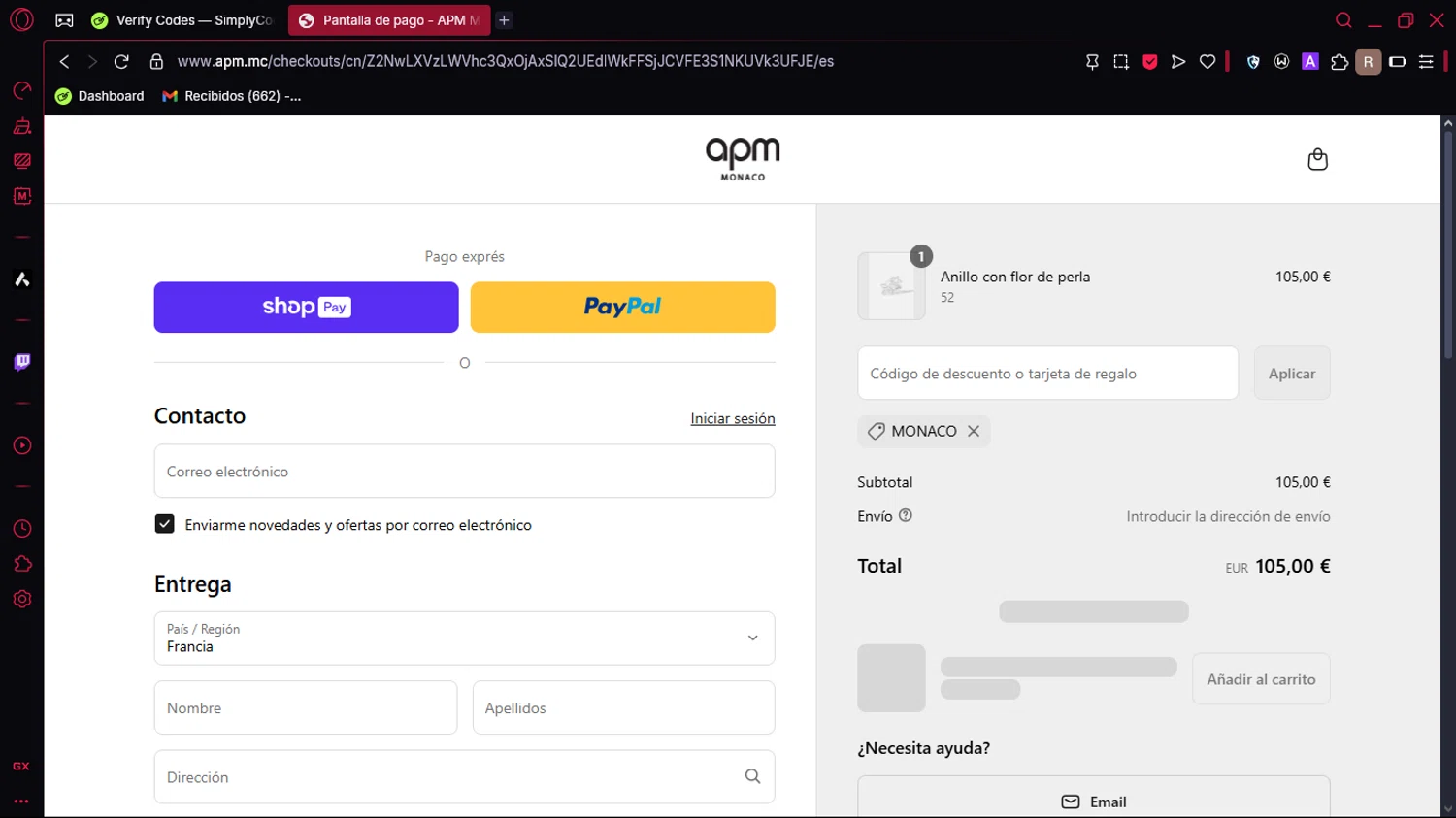 APM Monaco discount code screenshot showing code MONACO applied at APM Monaco checkout page. Uploaded by SimplyCodes community member Marole on May 1, 2025