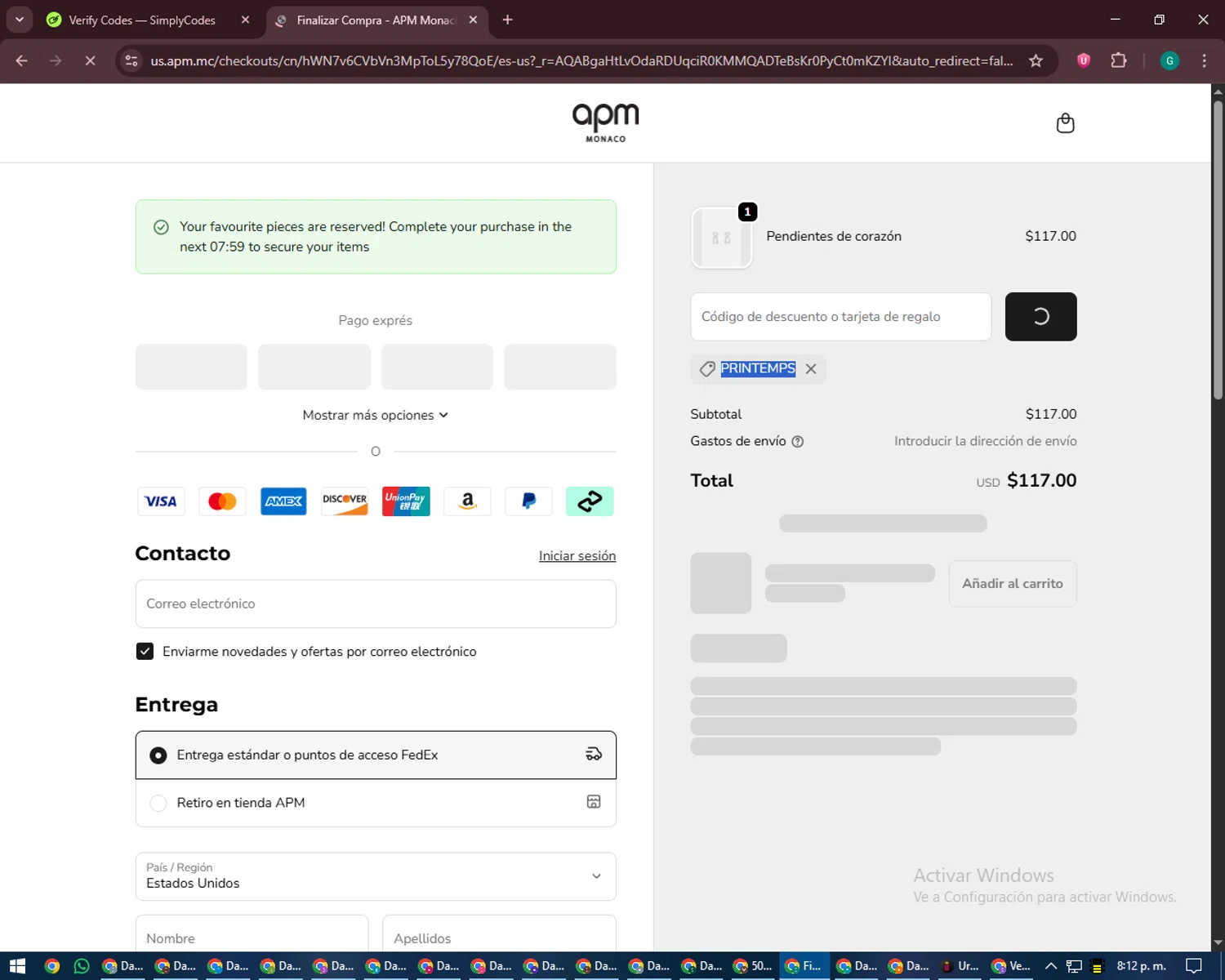APM Monaco discount code screenshot showing code PRINTEMPS applied at APM Monaco checkout page. Uploaded by SimplyCodes community member PennyFinder5759 on Jan 23, 2026