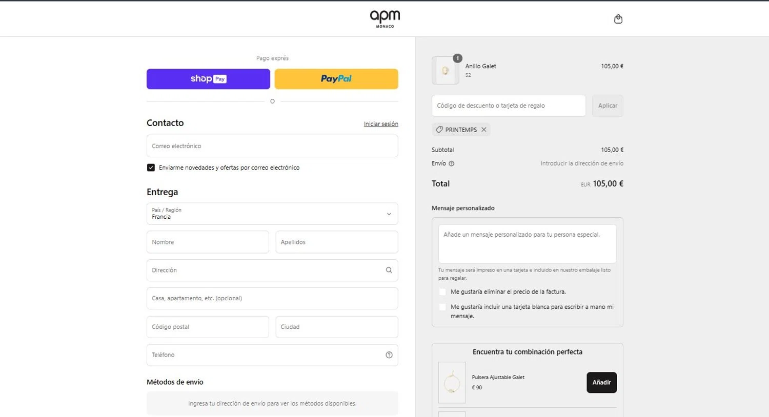 APM Monaco discount code screenshot showing code PRINTEMPS applied at APM Monaco checkout page. Uploaded by SimplyCodes community member VictoriousSpotter2855 on Jun 16, 2025