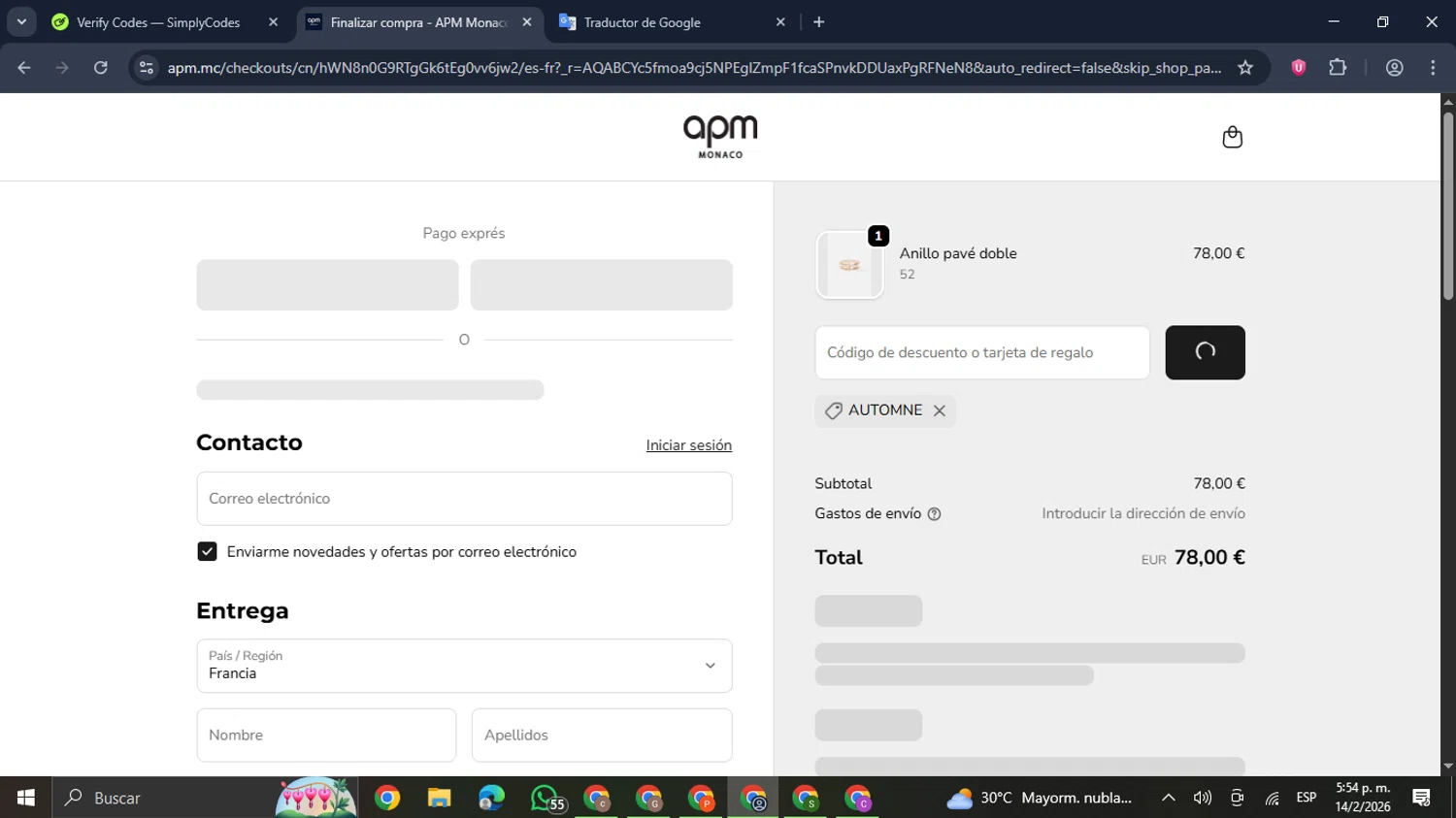 APM Monaco discount code screenshot showing code AUTOMNE applied at APM Monaco checkout page. Uploaded by SimplyCodes community member GloriousDefender7889 on Feb 14, 2026