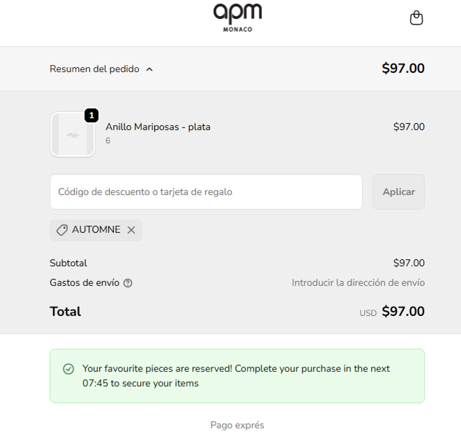 APM Monaco discount code screenshot showing code AUTOMNE applied at APM Monaco checkout page. Uploaded by SimplyCodes community member PrimeBoss695 on Feb 7, 2026