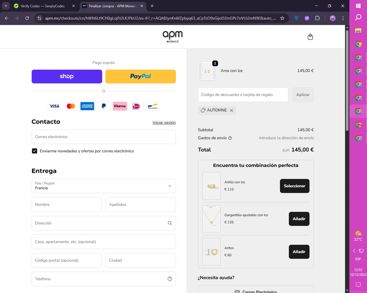 APM Monaco discount code screenshot showing code AUTOMNE applied at APM Monaco checkout page. Uploaded by SimplyCodes community member SmartLion1183 on Dec 12, 2025