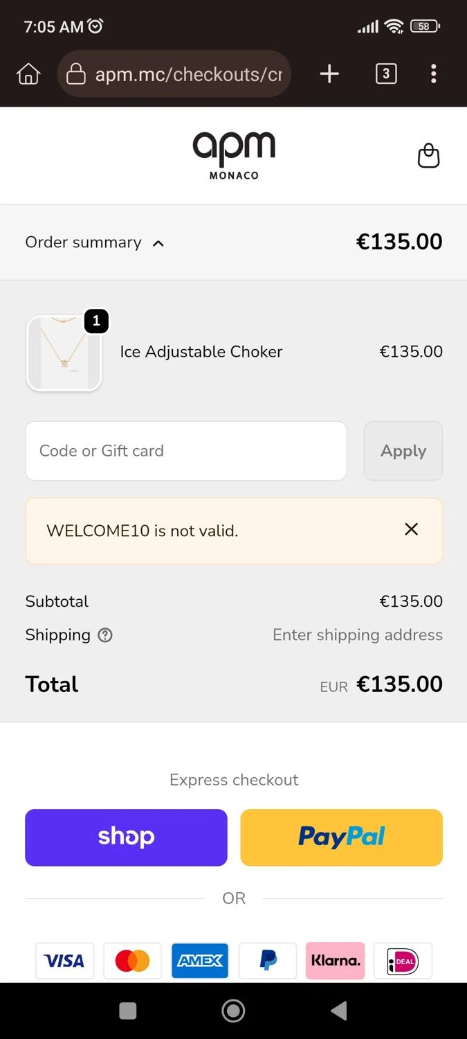 APM Monaco discount code screenshot showing code WELCOME10 applied at APM Monaco checkout page. Uploaded by SimplyCodes community member CrownLion2750 on Jan 9, 2026