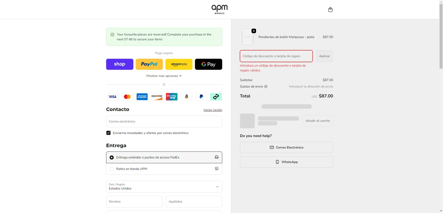 APM Monaco discount code screenshot showing code WELCOME10 applied at APM Monaco checkout page. Uploaded by SimplyCodes community member CrownWhiz8114 on Feb 10, 2026