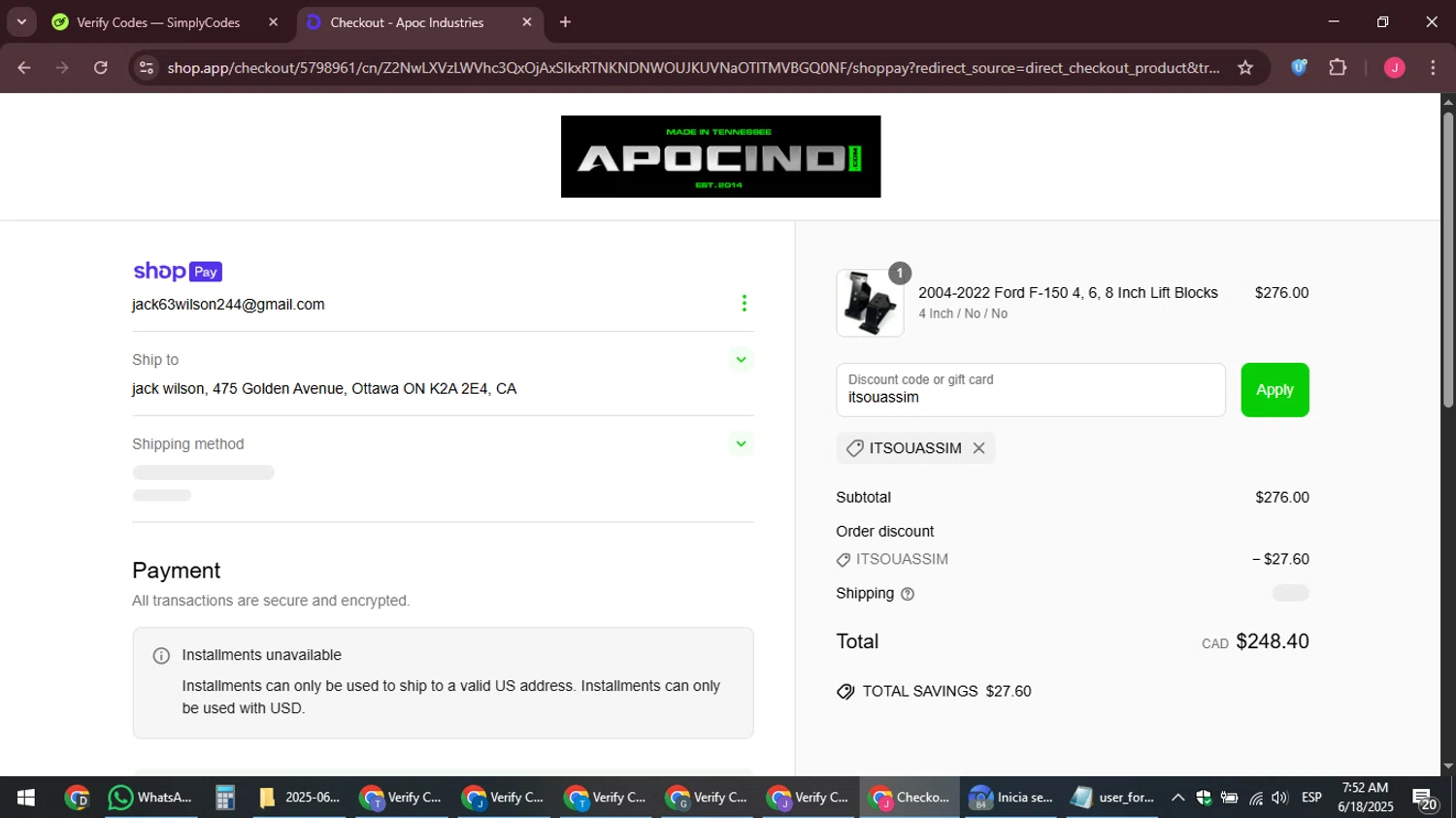 Apoc Industries discount code screenshot showing code itsouassim applied at Apoc Industries checkout page. Uploaded by SimplyCodes community member JackWilson63 on Jun 18, 2025