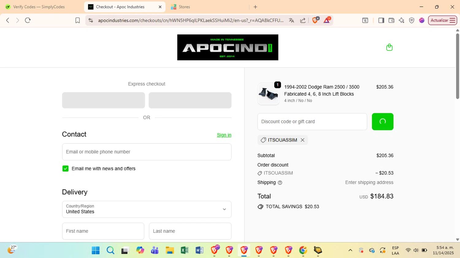 Apoc Industries discount code screenshot showing code itsouassim applied at Apoc Industries checkout page. Uploaded by SimplyCodes community member LuckyMonarch673 on Nov 14, 2025