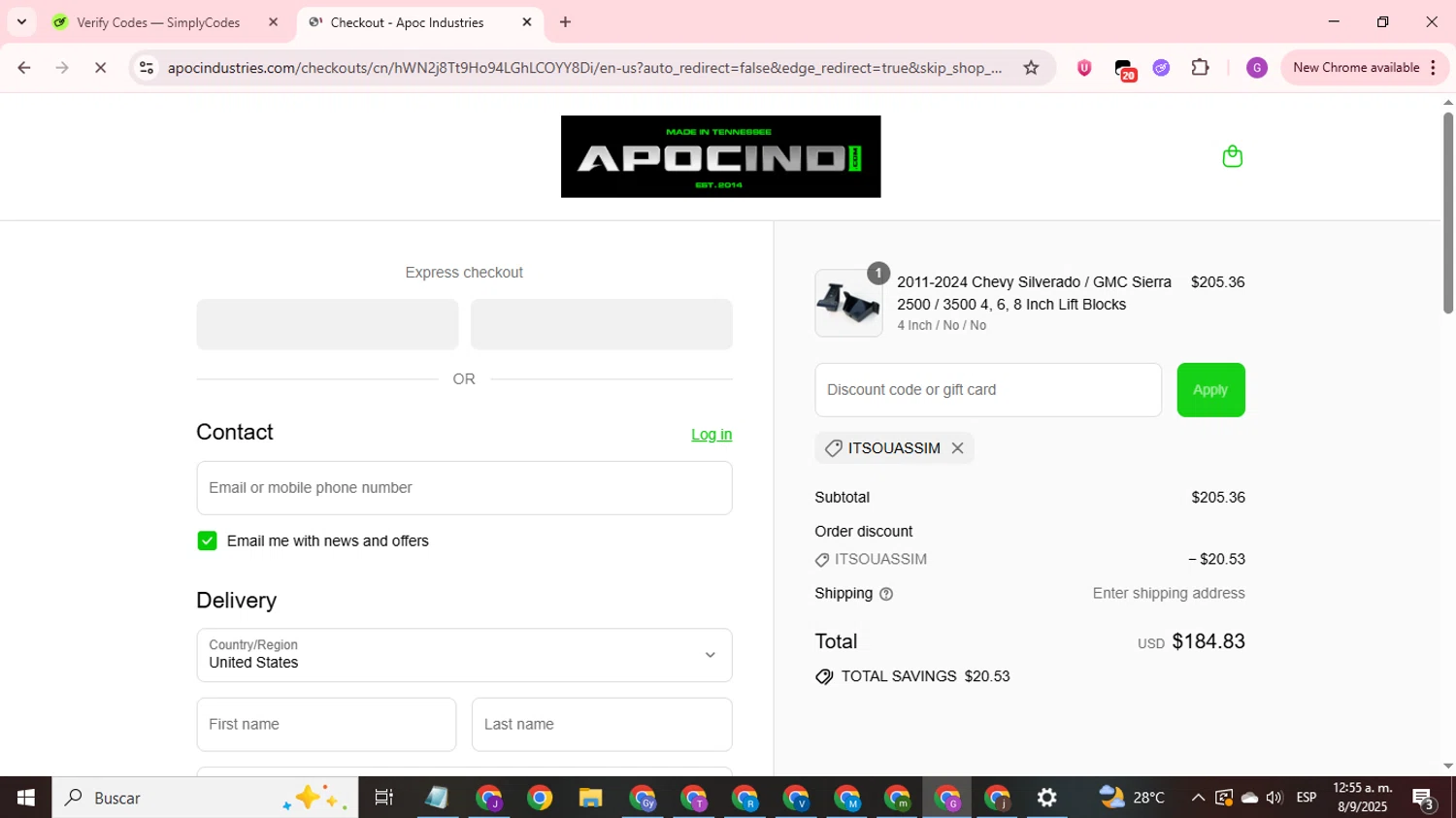 Apoc Industries discount code screenshot showing code itsouassim applied at Apoc Industries checkout page. Uploaded by SimplyCodes community member ValuePilot6849 on Sep 8, 2025