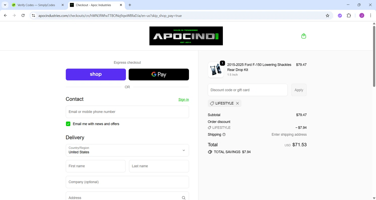 Apoc Industries discount code screenshot showing code LIFESTYLE applied at Apoc Industries checkout page. Uploaded by SimplyCodes community member CleverChaser8361 on Oct 3, 2025